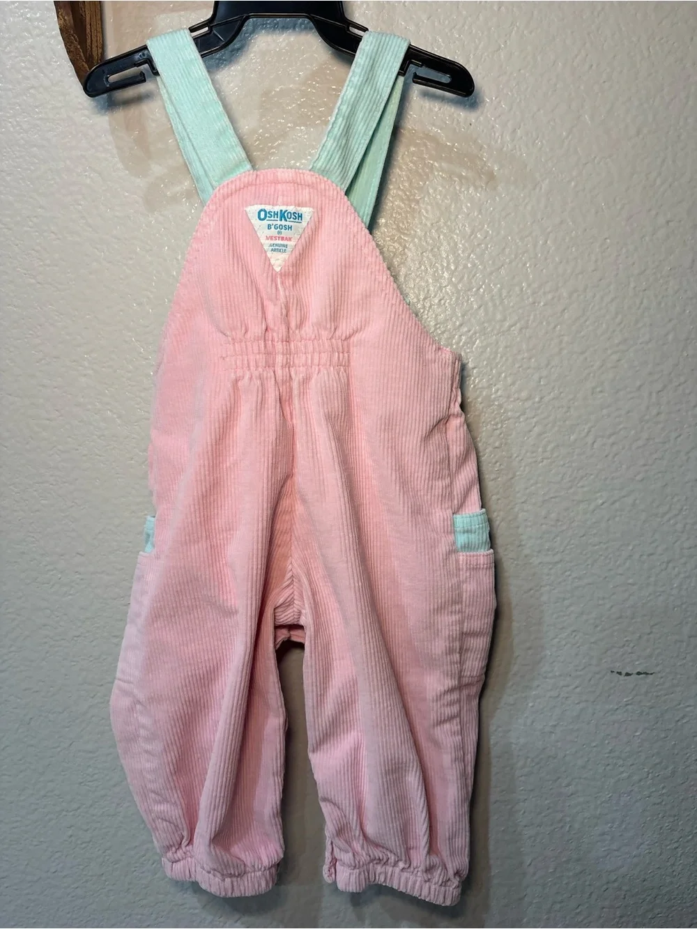 Vintage 90s Osh Kosh B'Gosh Girls Pink Mint Blue Vback Corduroy Overall USA 12 M